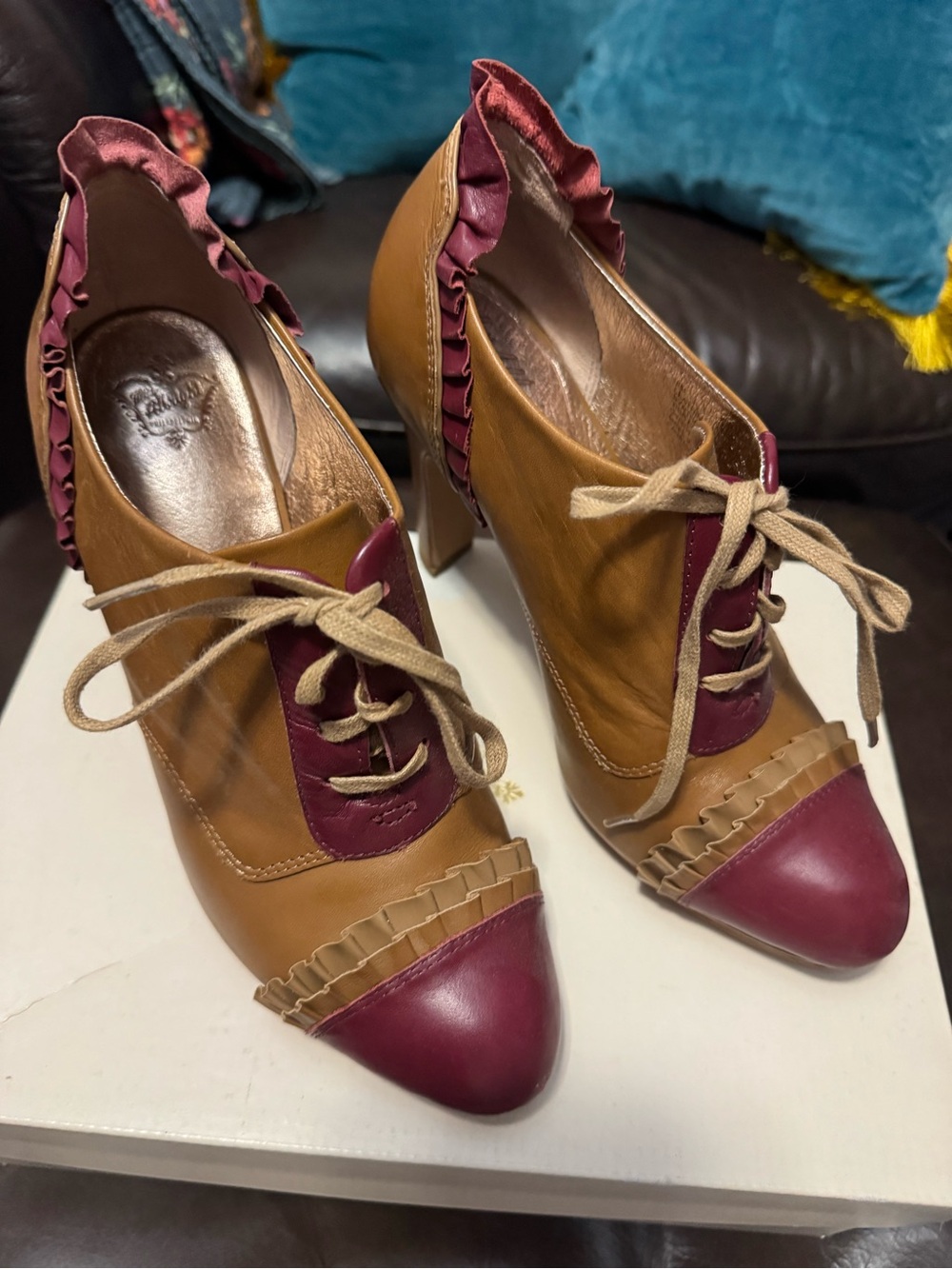 Anthropologie Ms Albright Women's Two-Tone Brown and Burgundy Lace-Up Heels